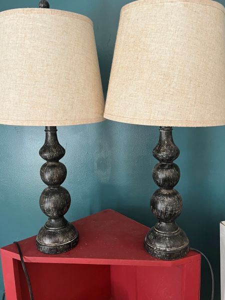 2 rustic farmhouse style lamps with 2 USB charging ports each