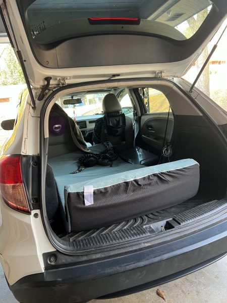 back of Hope's car as she sets up for car camping