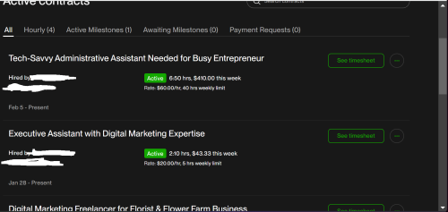 screenshot of Upwork contracts